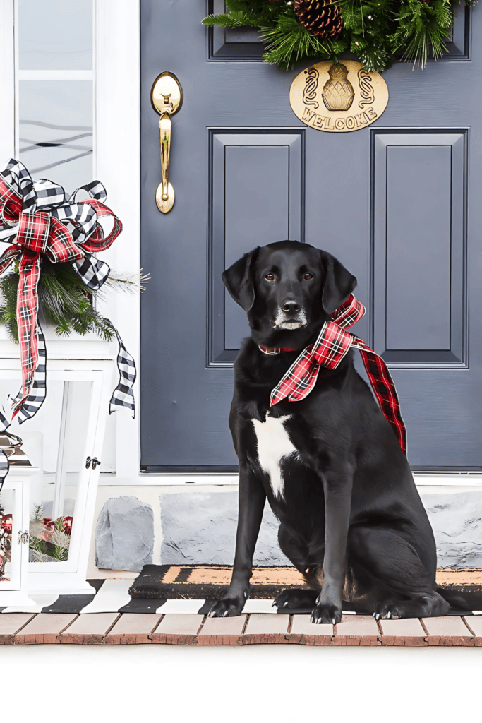 dog on a Christmas decorated porch