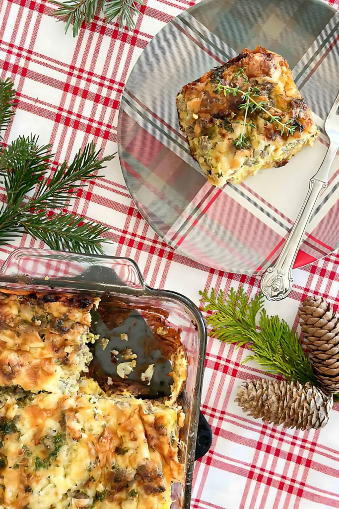 breakfast casserole in a pan and a slice on a plate