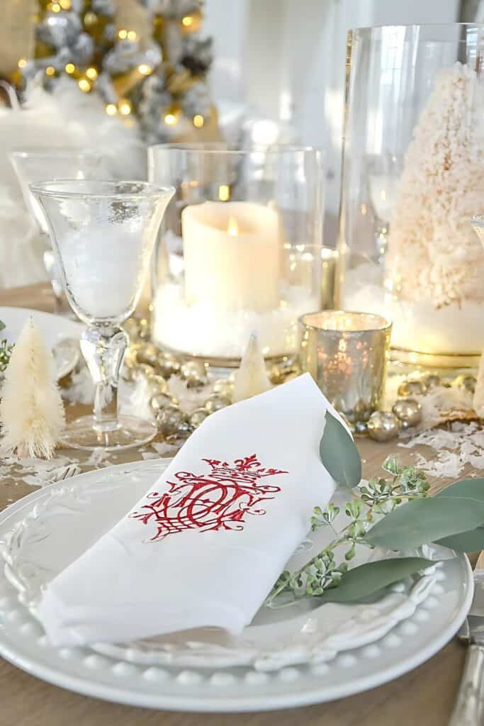 Christmas table featuring beautiful monogrammed napkins