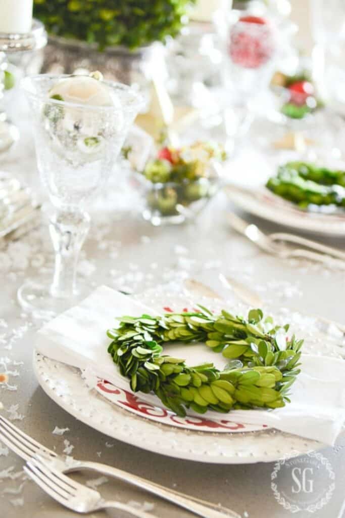 boxwood wreaths at every Christmas place setting