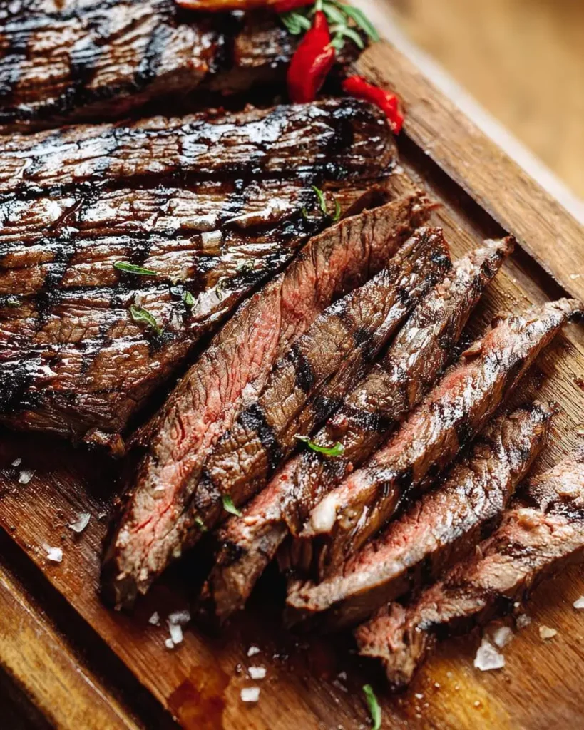 sliced skirt steak on a carving board