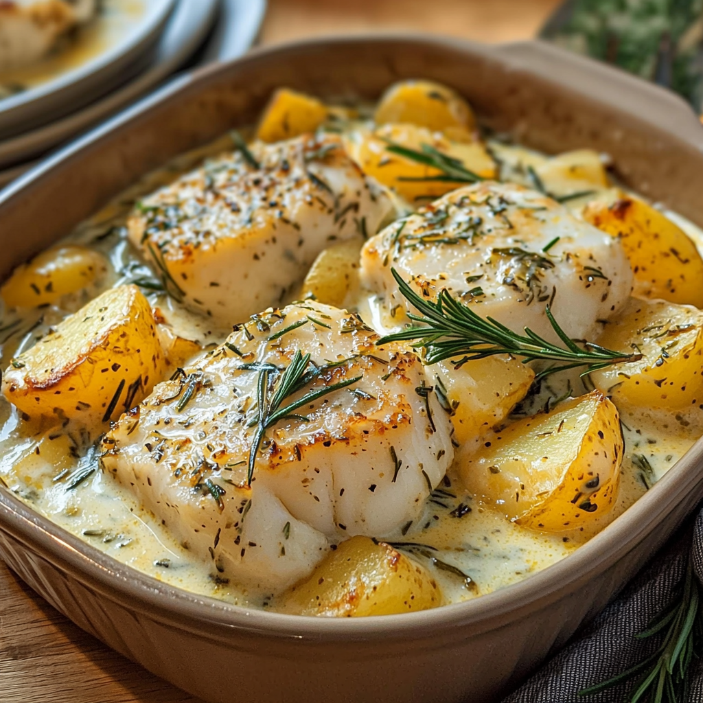 cod and potatoes swimming in rosemary cream on a baker