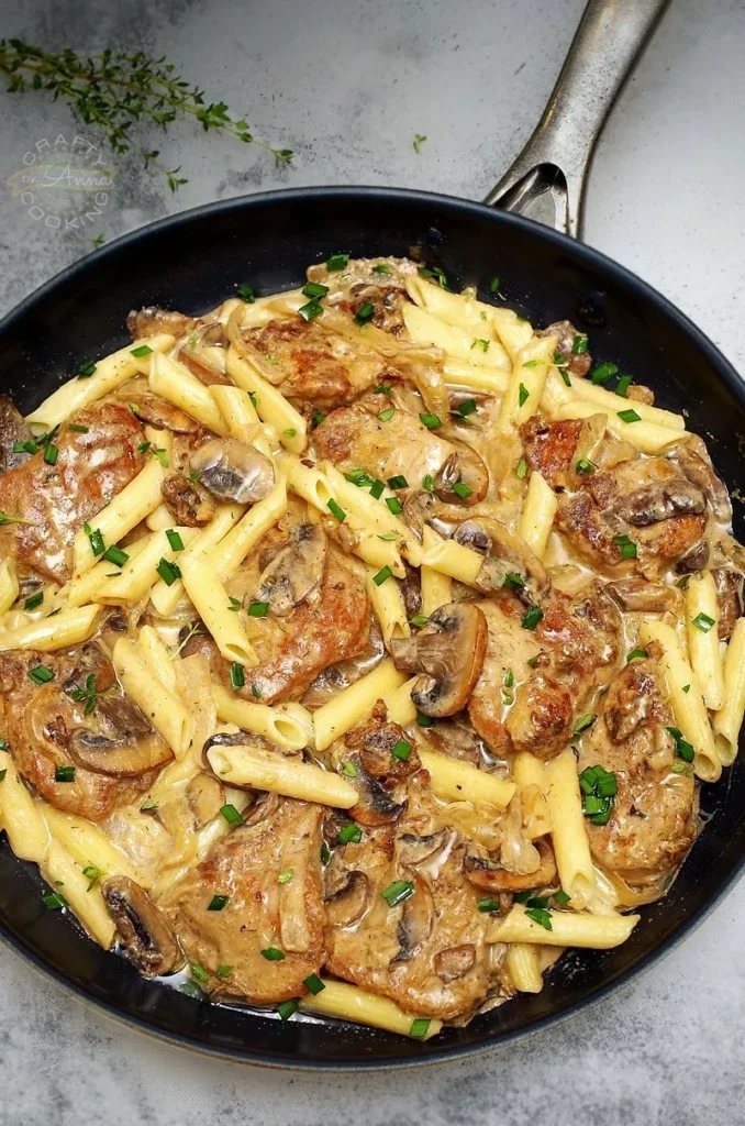 pork tenderloin with pasta in a mushroom sauce in a cast iron pan