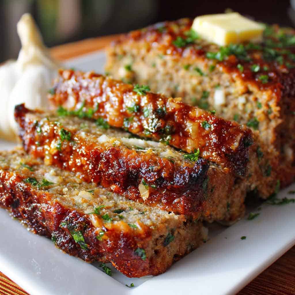 cut meatloaf on a white platter