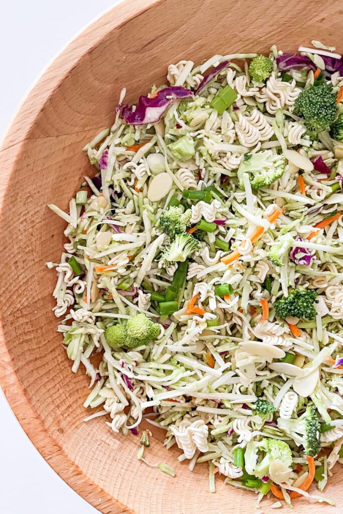 Asian Ramen Noodle Salad in a big wooden bowl