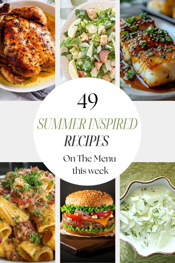 A collage of six summer dinner recipes including roast chicken, Caesar salad, ginger soy cod, Italian sausage rigatoni, a juicy hamburger, and cucumber salad