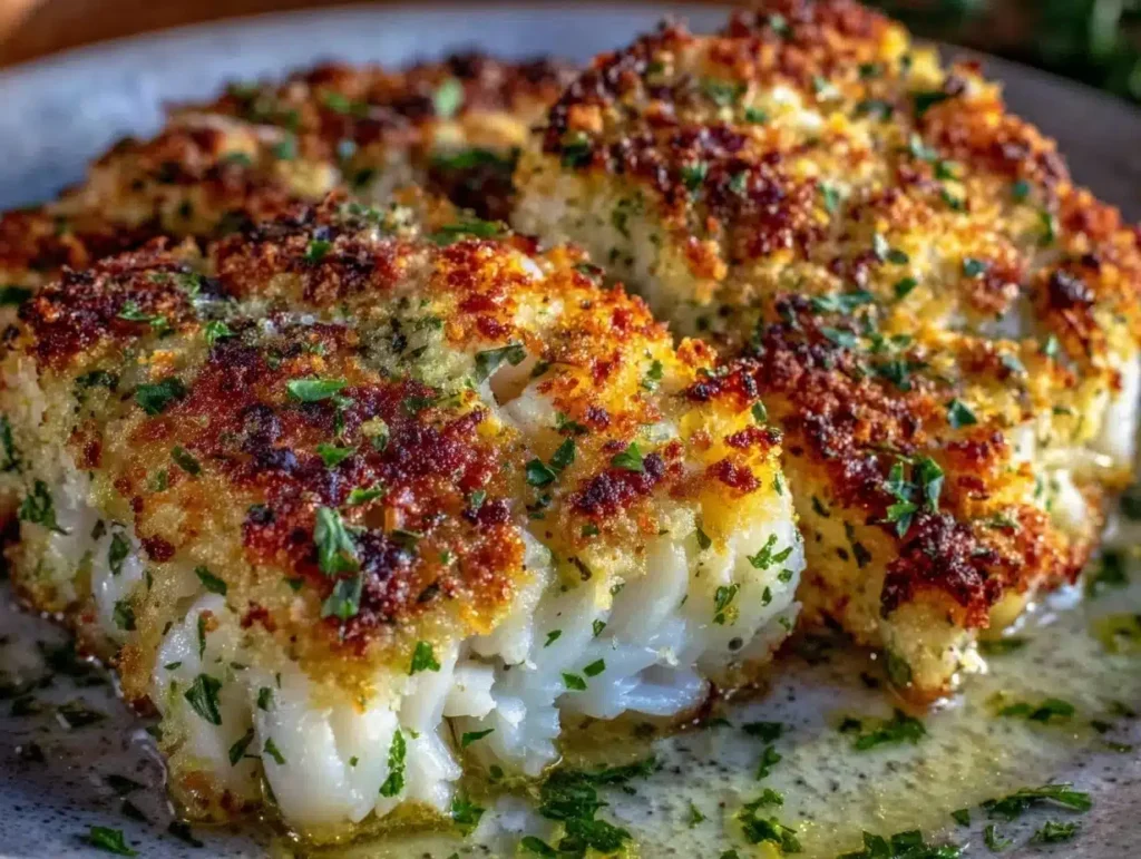cod portions with a crusty top on a plate