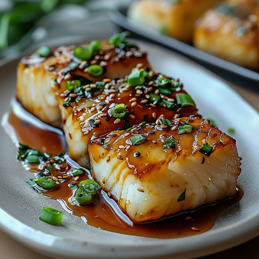 cod dressed with a sauce and green onions on a platter