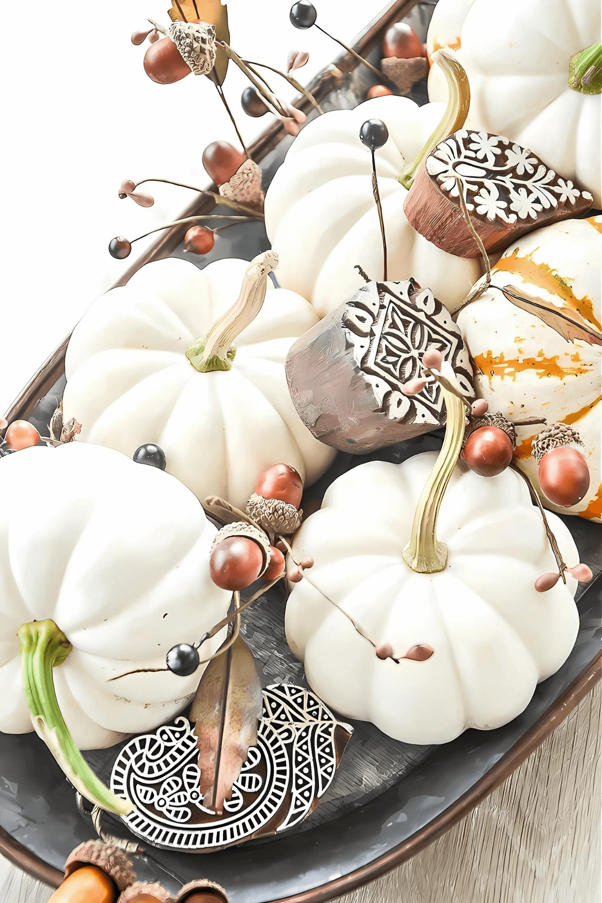 pumpkins on a tray with acorns and leaves