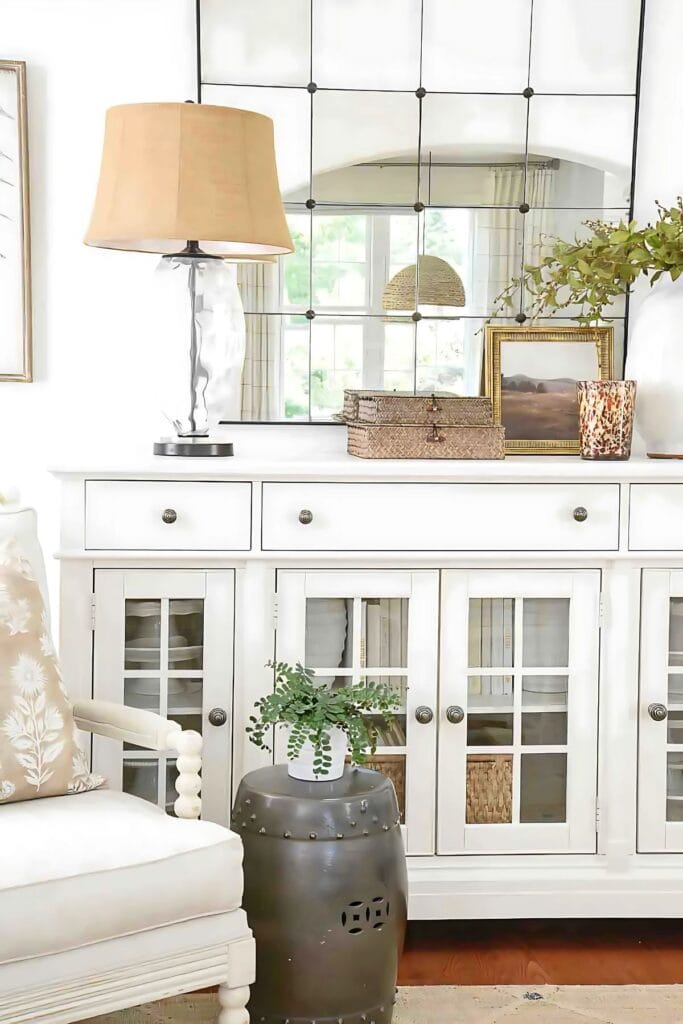 white buffet with decor