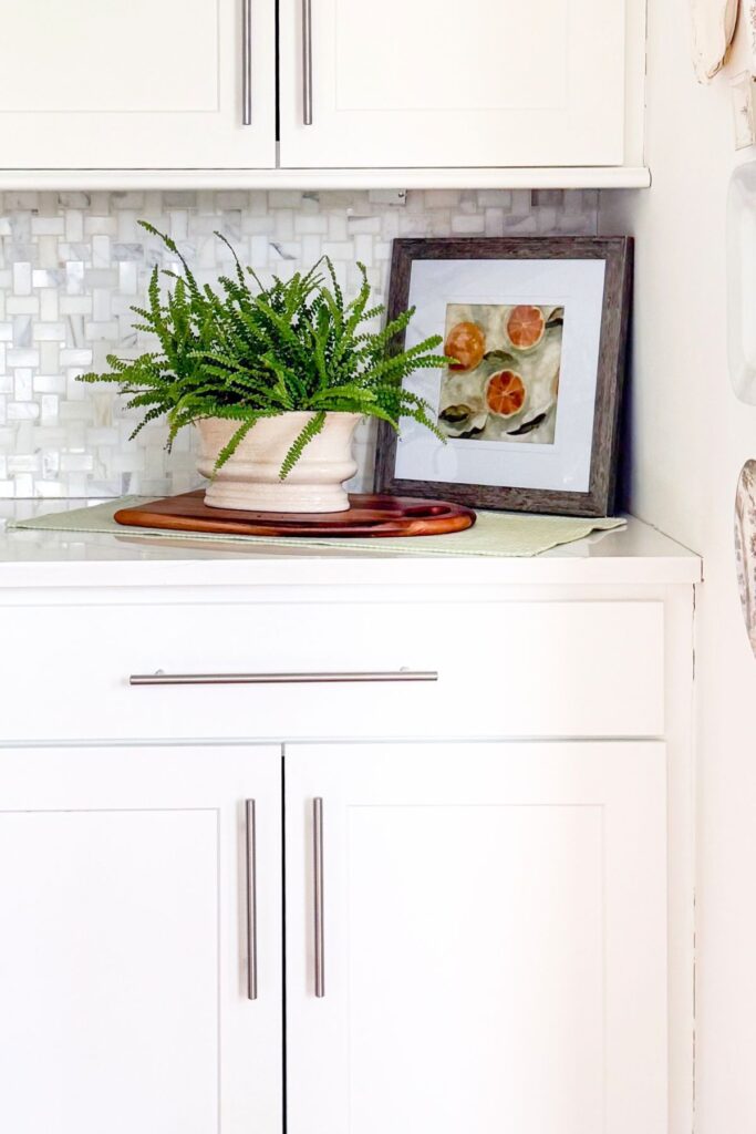 spring kitchen counter corner decorated with fern on tray and framed art leaning against backsplash