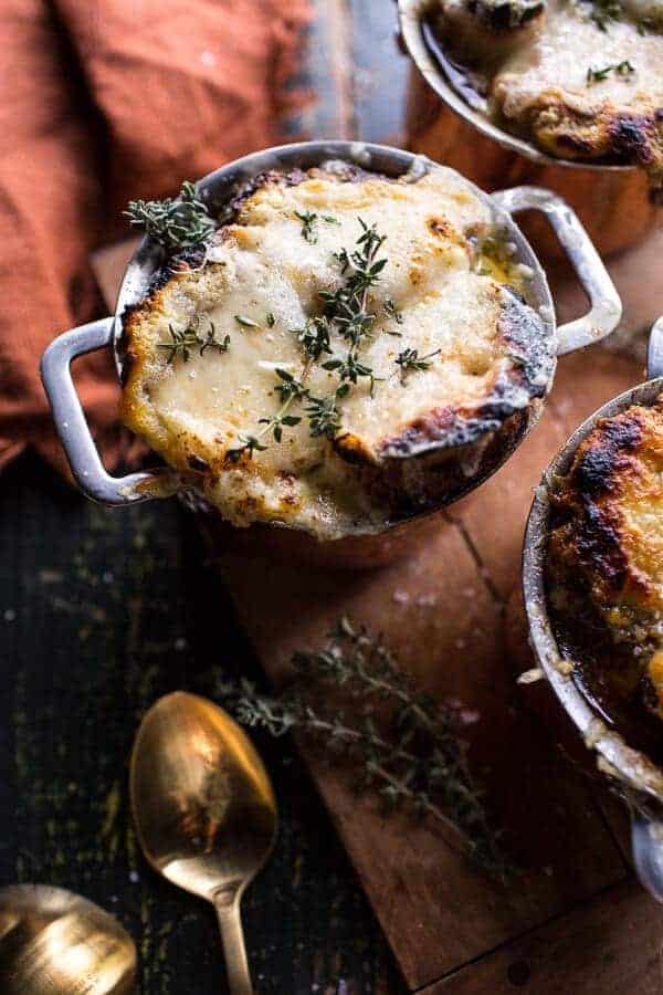 top-view of metal bowls of french onion soup