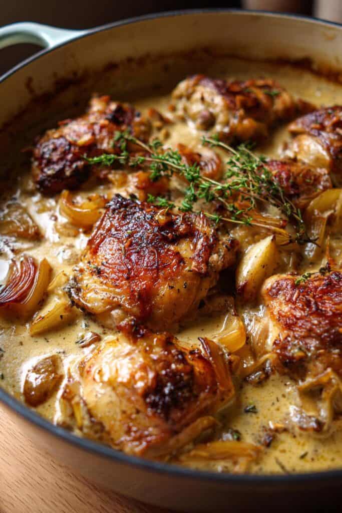 chicken in a pan with herbs