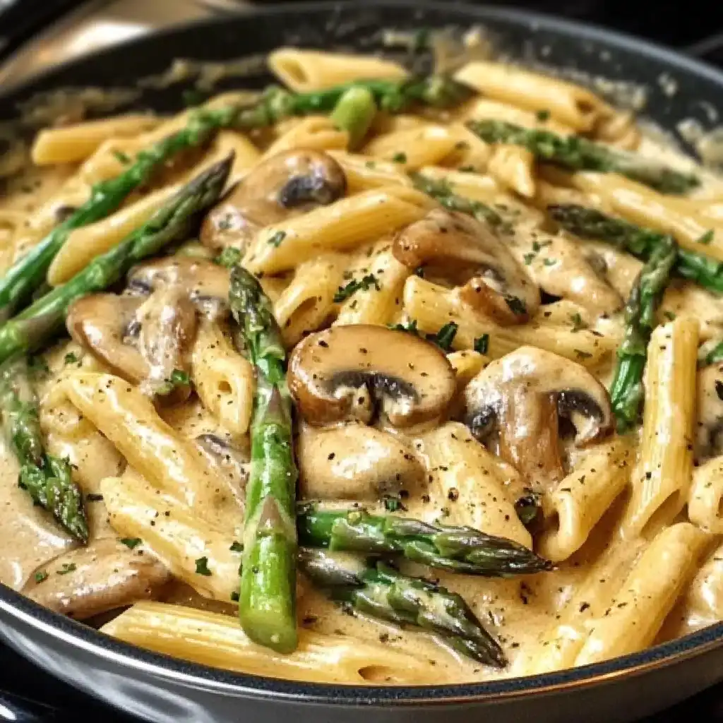 creamy pasta dish with asparagus and mushrooms