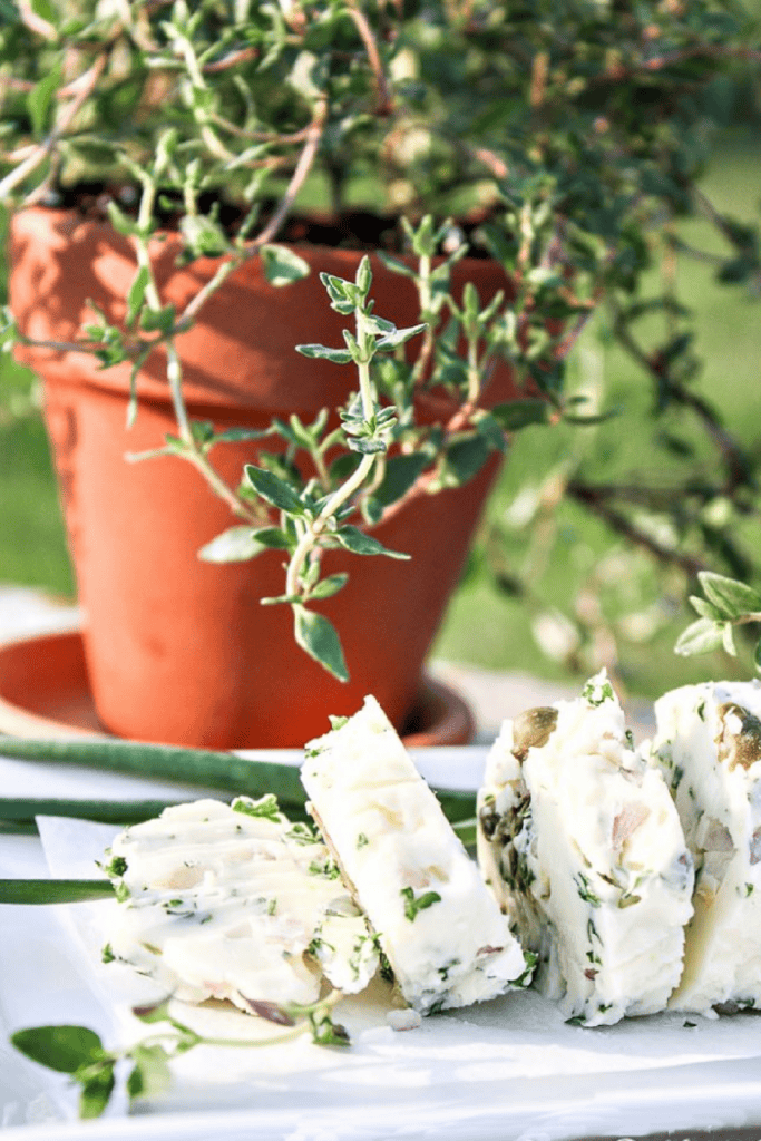 slices of compound butter on a plate with a herb plant in the background.