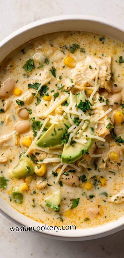 white chicken chili in a white bowl