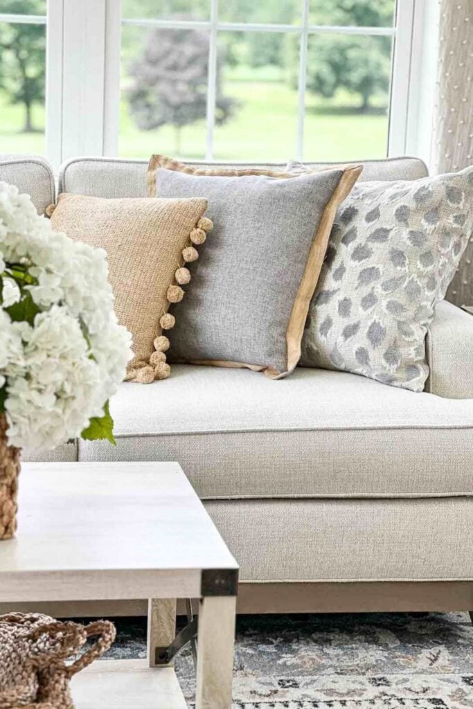 pillows on a neutral sofa