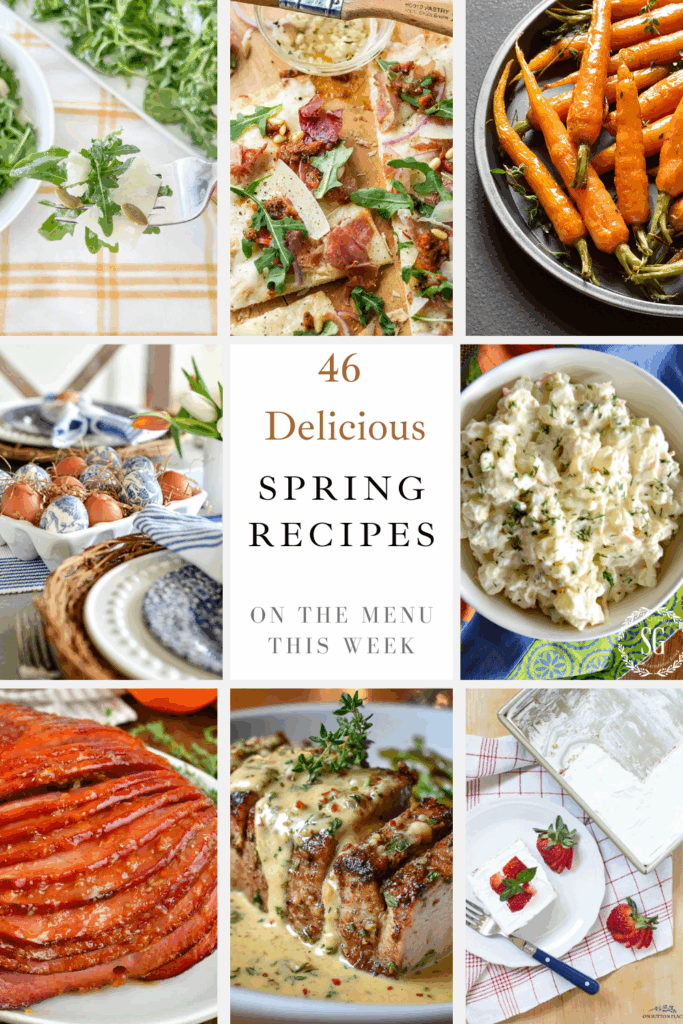 spring recipe collage featuring ham, potato salad, flatbread pizza, desserts, and Easter table setting