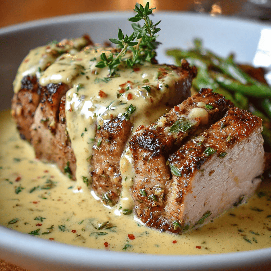 plated pork tenderloin swimming in Jijon mustard cream