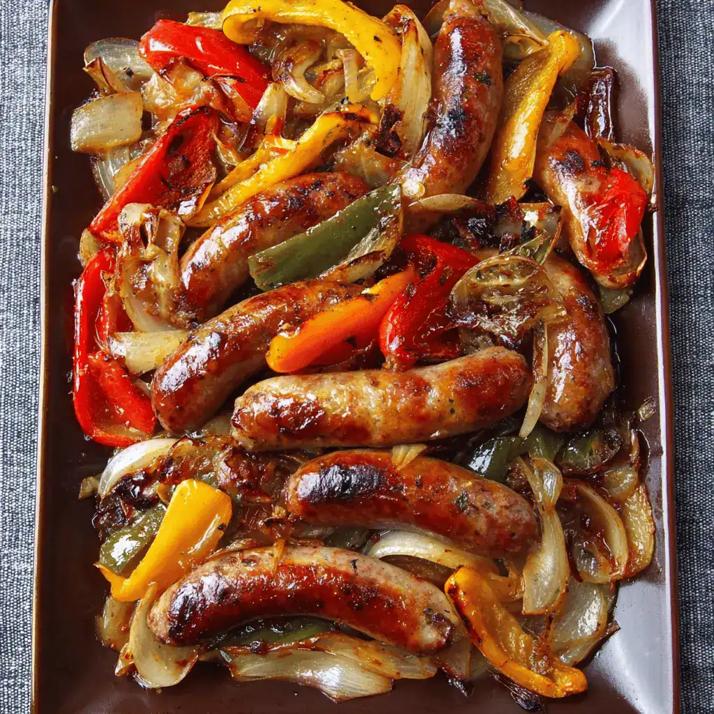 sheet pan of Italian sausages, onions, and peppers