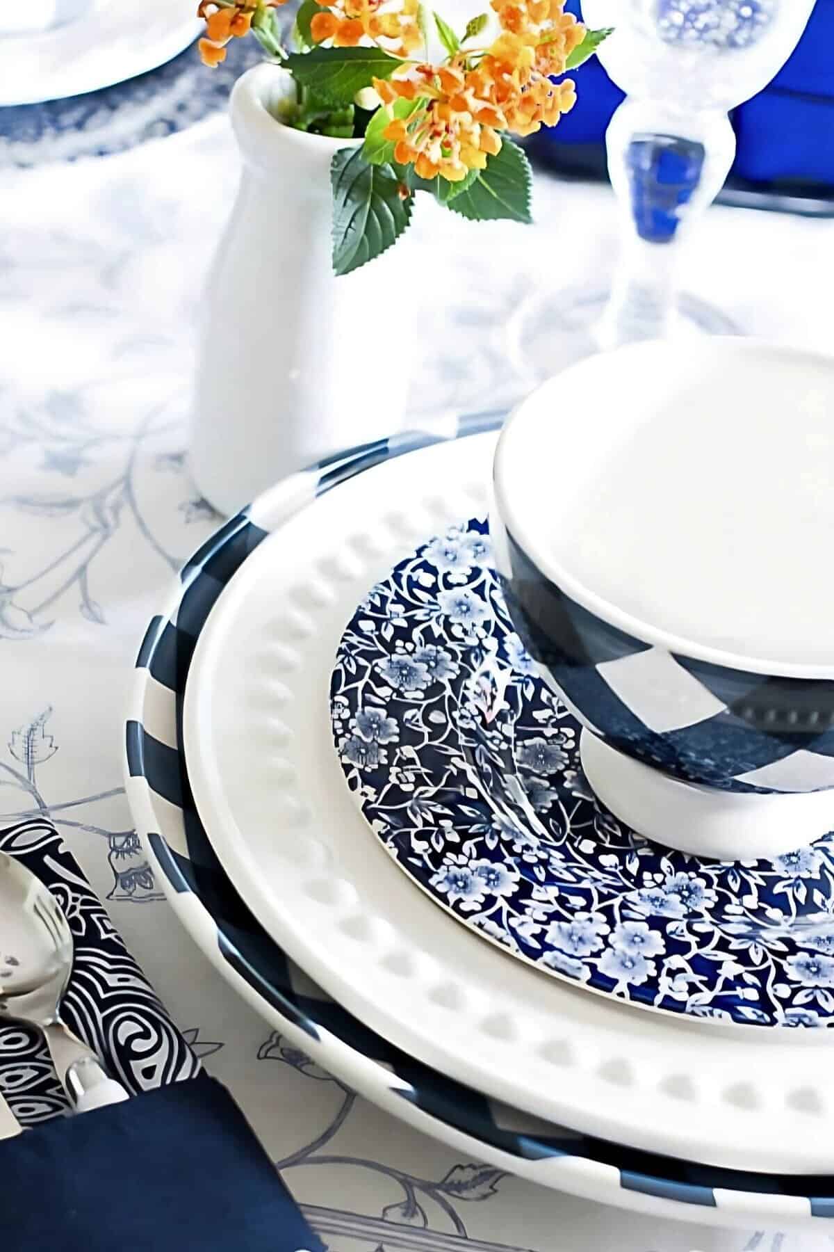 blue and white place setting