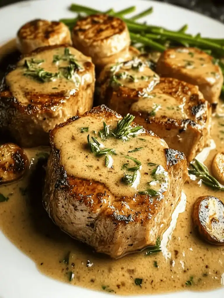 medallions of porks with gravy on a plate