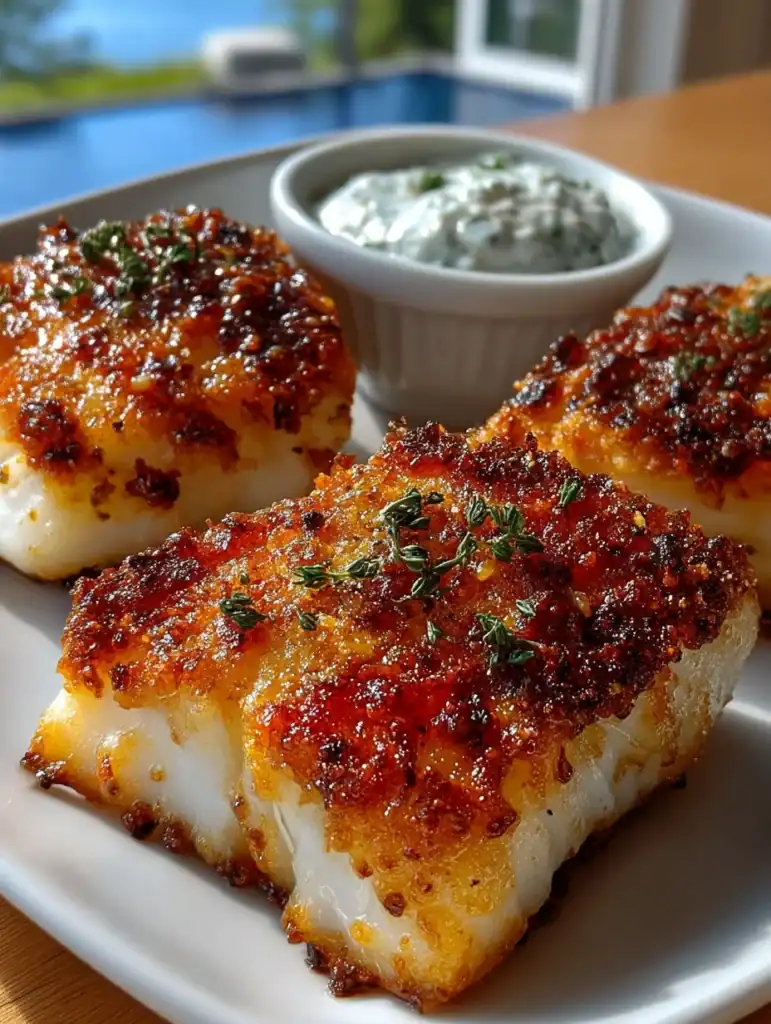 two pieces of crispy air fryer cod on a white plate