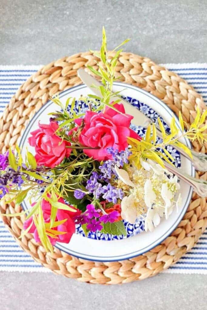 place setting with garden flowers