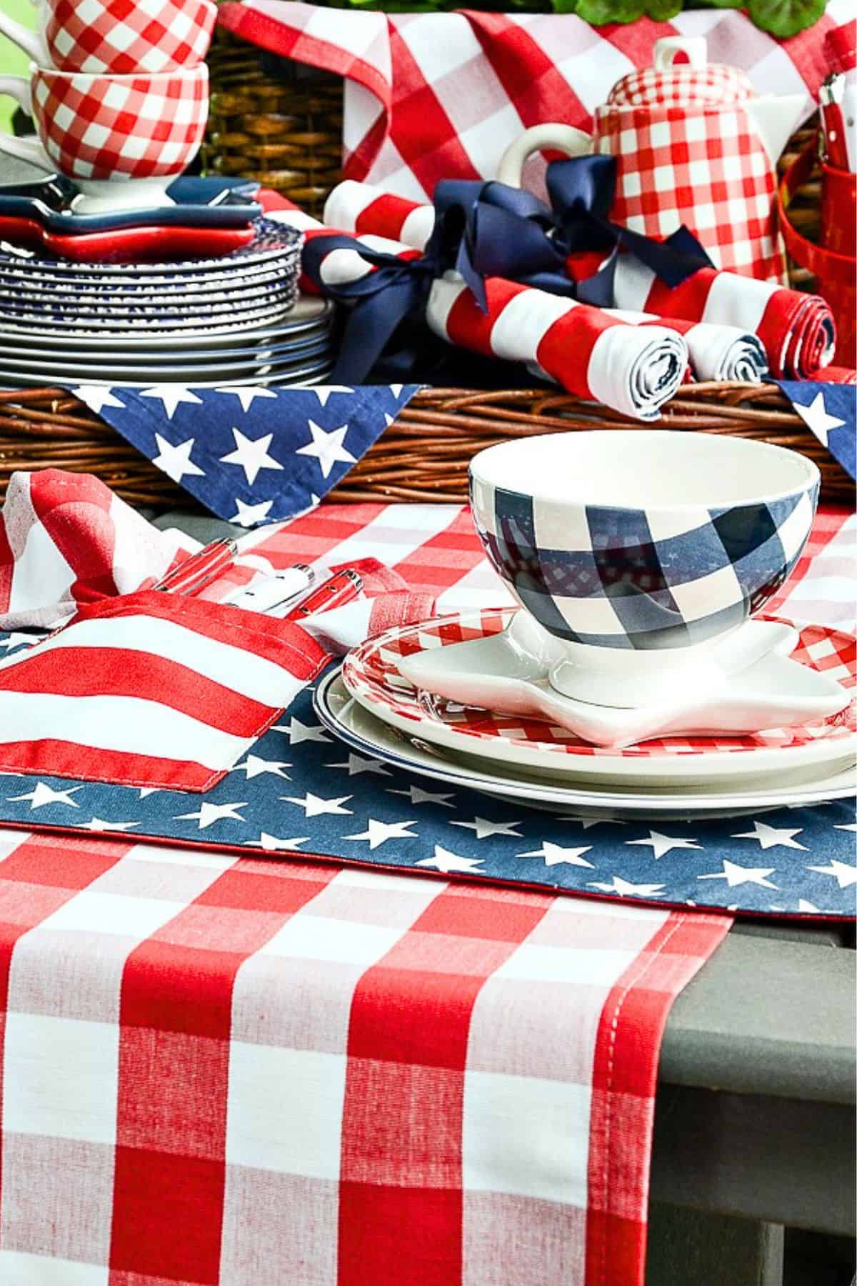 red, white, and blue tableware