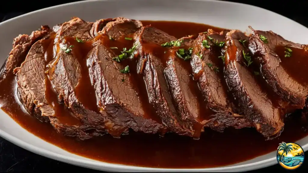 roast with gravy on a white plate