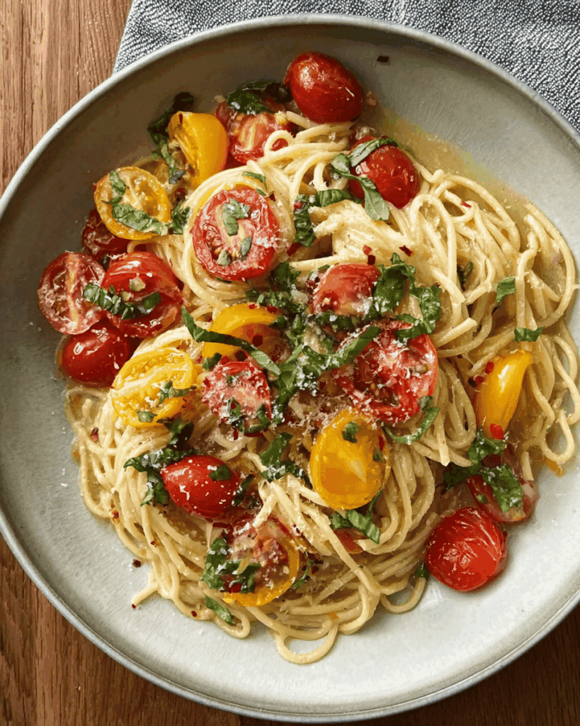 lemon pasta with tomatoes in a beige, rimmed plate