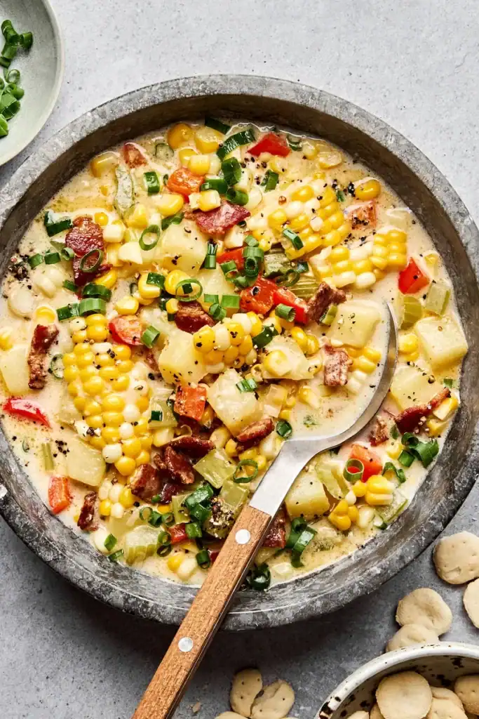corn chowder in a bowl with a wooden spoon