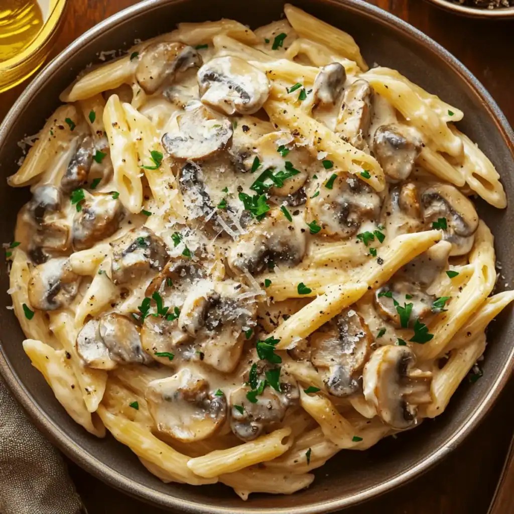 pan of creamy mushroom pasta