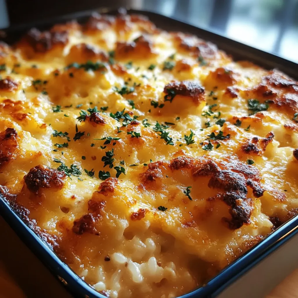pasta bake in a blue ceramic dish