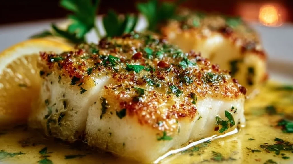 cod with a crusty top in a pool of garlic butter and herbs