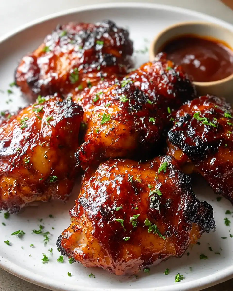 plate of sticky bbq chicken on a white platter