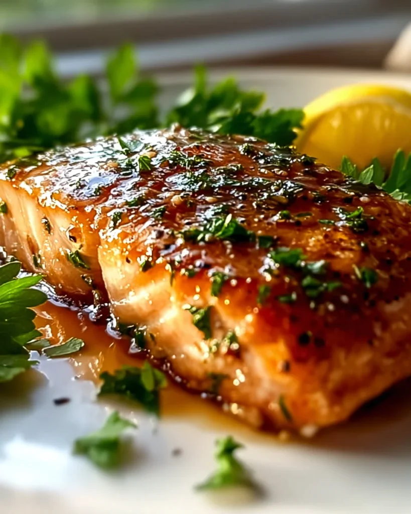 salmon portion on a plate garnished with parsley