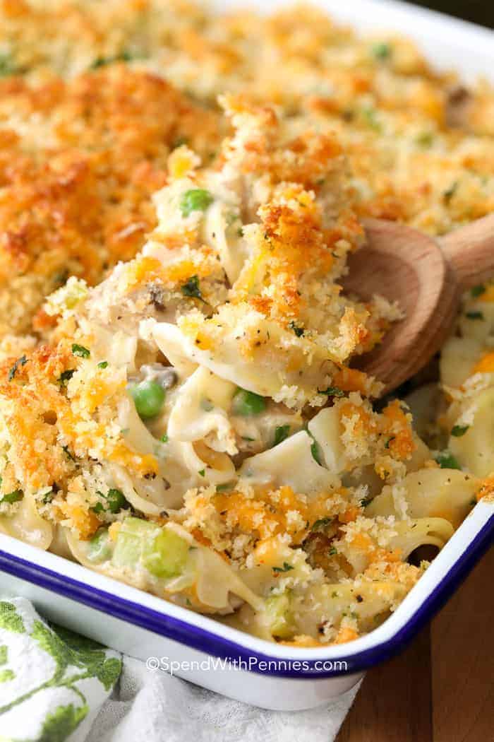 white baking dish of tuna noodle casserole