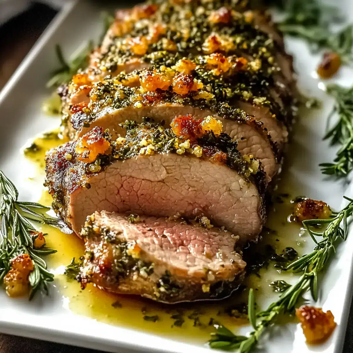 closeup of herb tenderloin slices on a platter rimmed with fresh rosemary