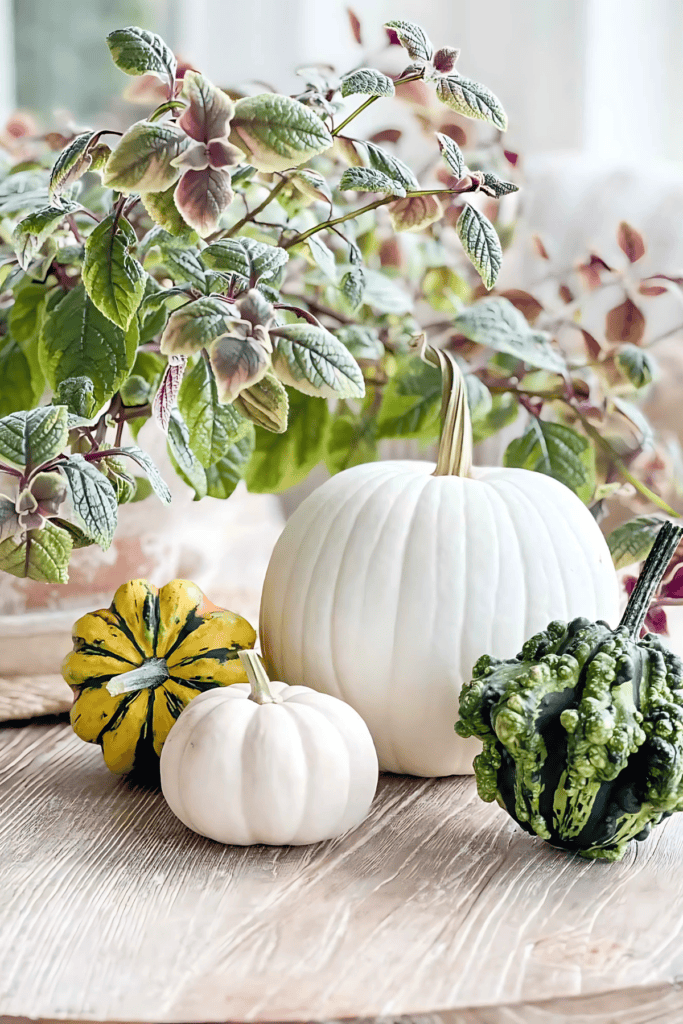 a white pumpkin and gourds on a table