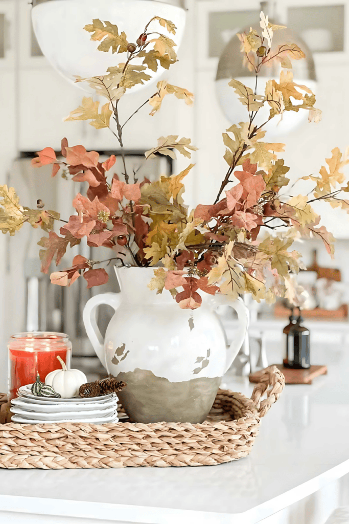vignette with leaves, a stack of dishes with pumpkins