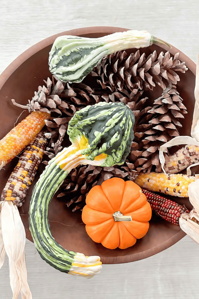 gourd and corn in dough bowl