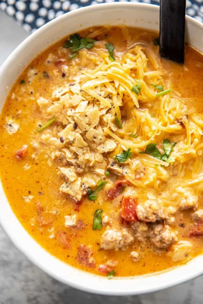 Beefy nacho soup in a pot