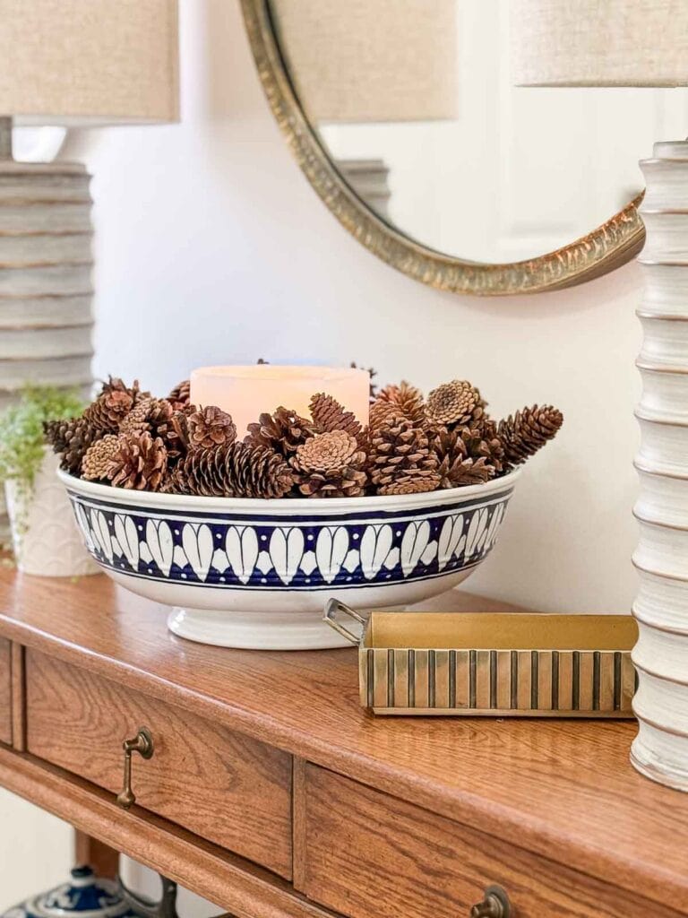 foyer table decorated for winter