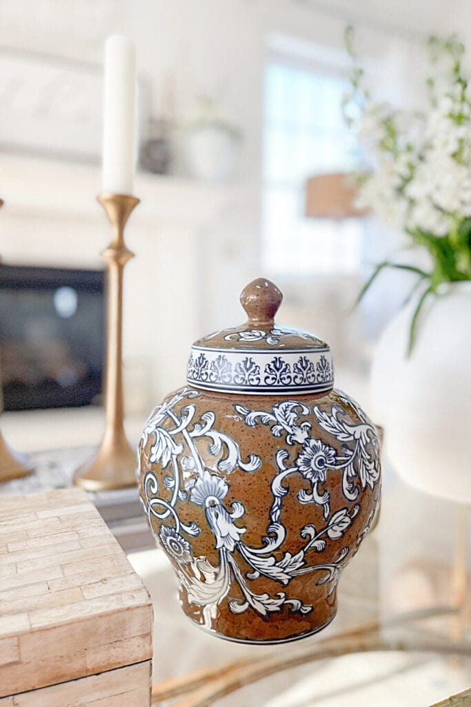 brown ginger jar with blue and white detils