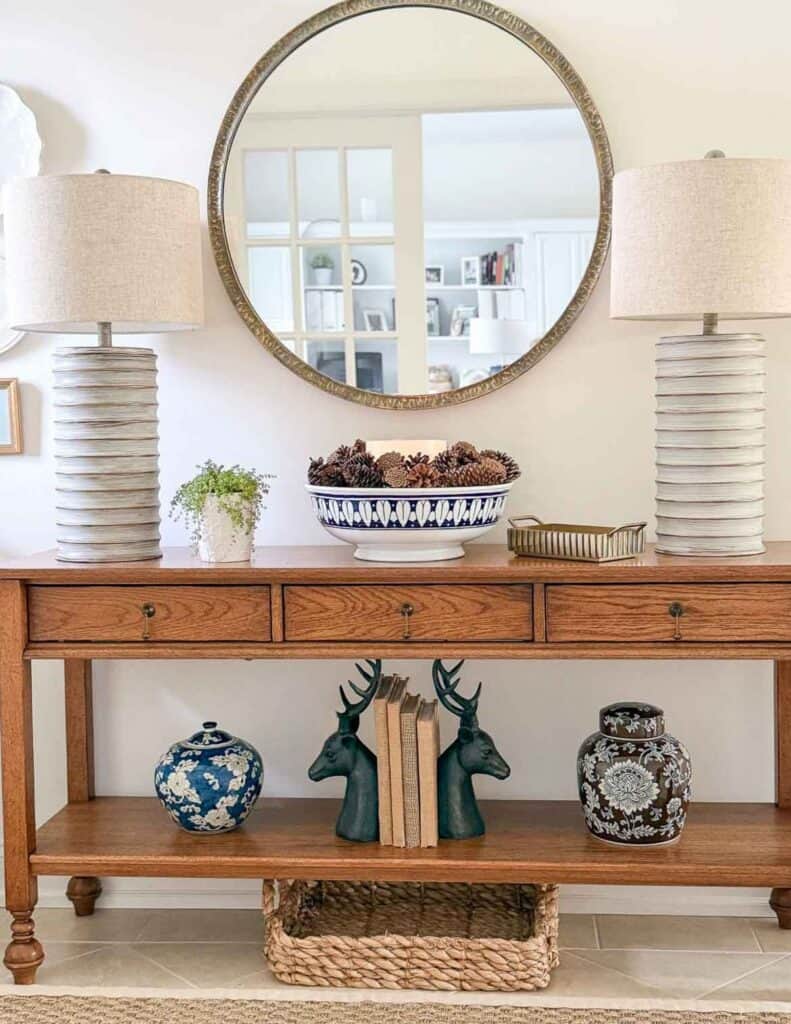foyer table decorated for winter for winter