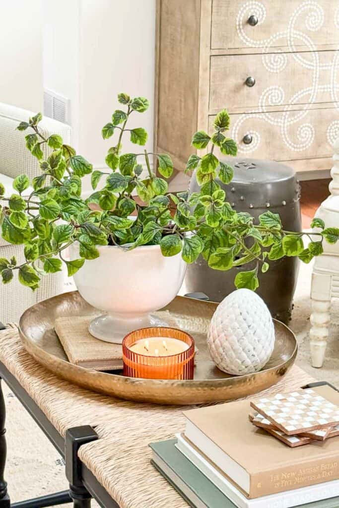 Coffee table styled with a brass tray holding a white planter with greenery, a glowing candle, and layered books for a simple vignette.