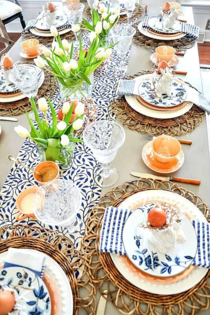 Easter Table Ideas -blue and white runner on a table