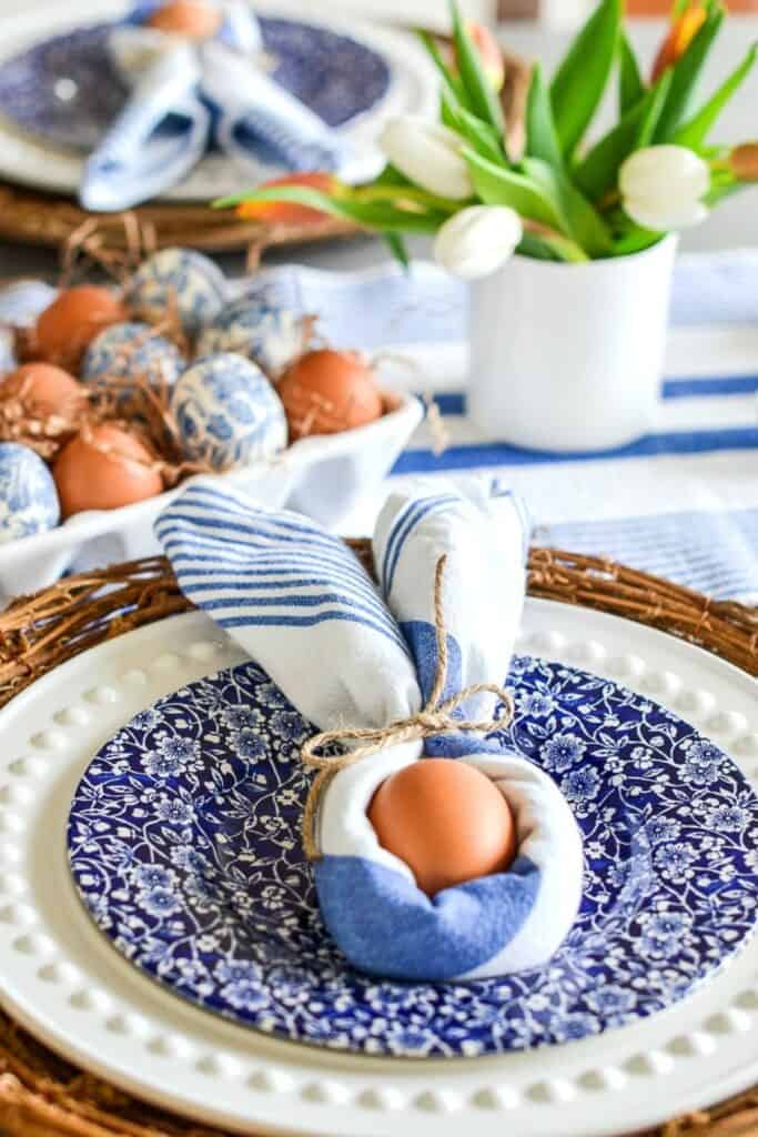 Easter Table Ideas -cohesive, orange, blue and white color palette