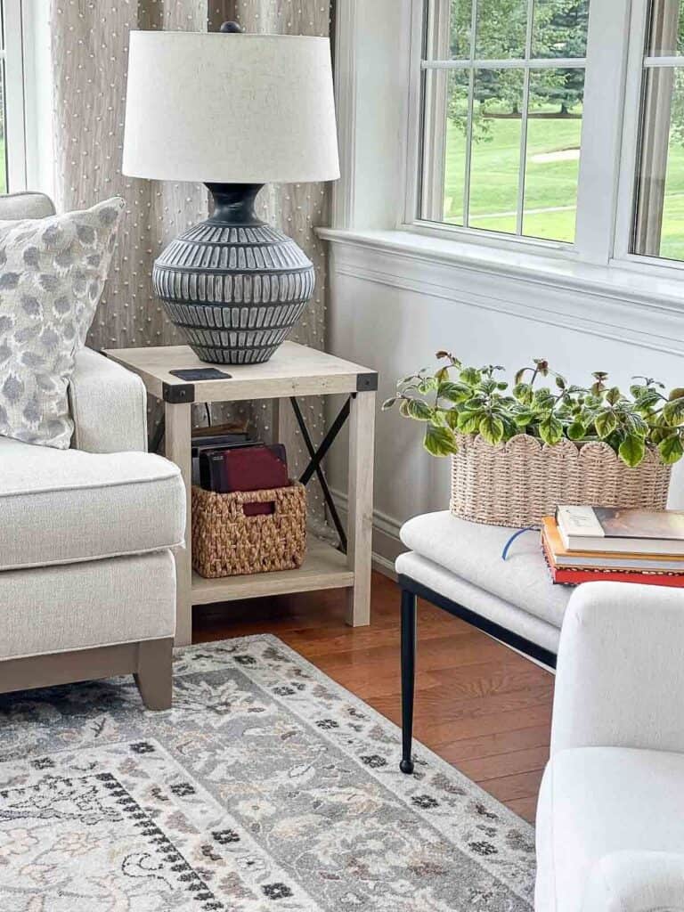 plant in a basket on an ottoman